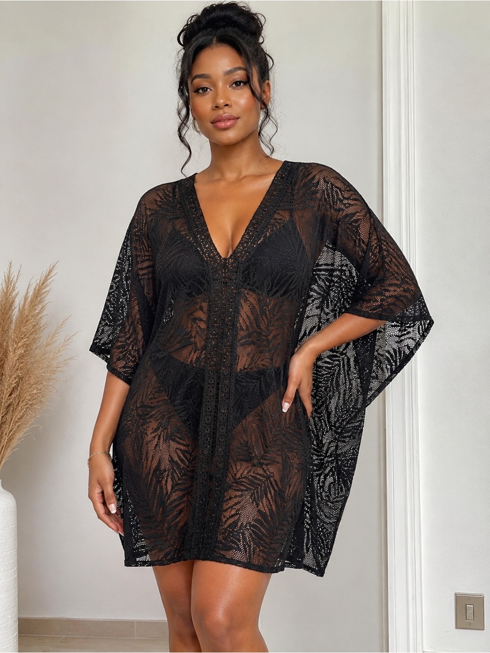Women’s Black Sheer Lace Beach Cover Up Kimono Kaftan – V-Neck